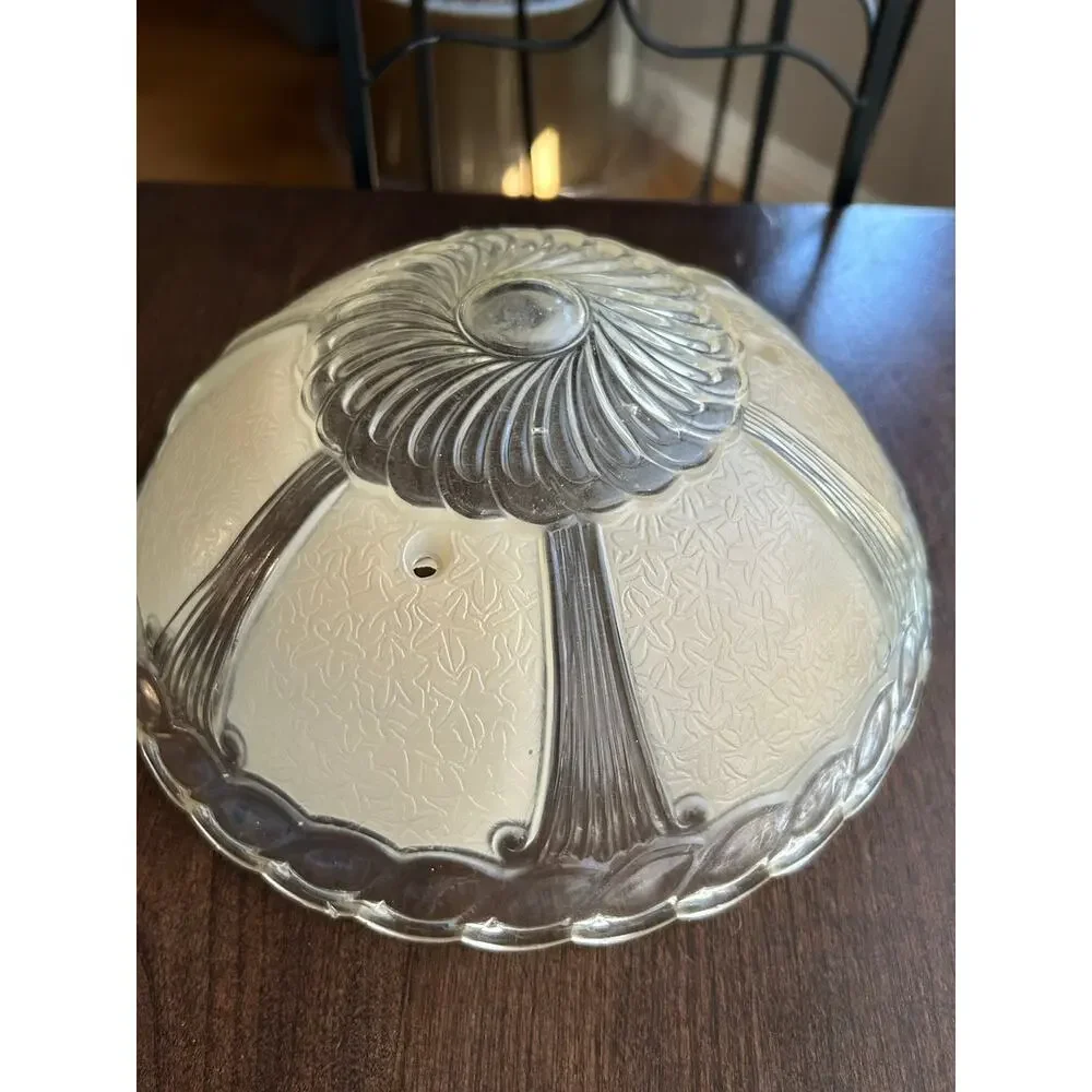 Vintage Art Deco Ceiling Clear & Creme Ornate Blown Glass Shade